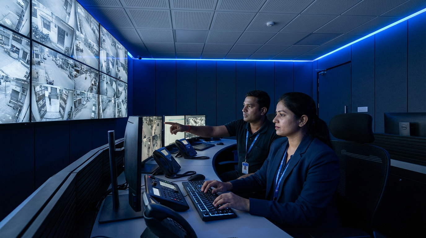 Pickeye live monitoring — Indian operators in SOC with CCTV screens